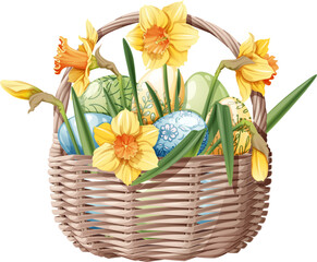 Basket with Easter eggs and daffodils on an isolated background. Vector illustration for Happy Easter. Easter clipart for cards, stickers, etc.