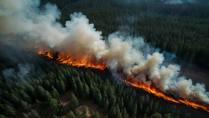 aerial view of forest fire with flames and smoke