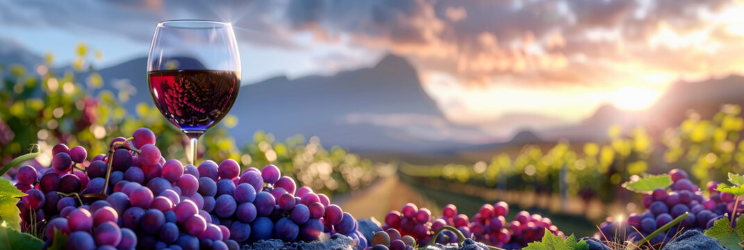 Glass of wine with grapes fruits in sunlight and grape farm, vineyard mountain background web banner and template.