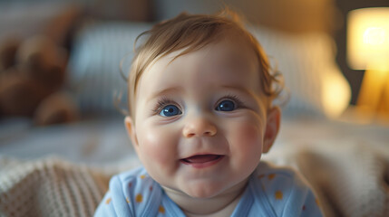 Baby smiling, infant portrait, joy childhood, indoors, lifestyle - obrazy, fototapety, plakaty