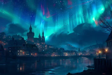 Poster : A breathtaking scene of a city landscape, with a resplendent, colorful aurora borealis in the star-studded night sky, casting a soft, warm glow over the buildings © Kashif