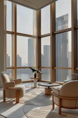 A room with two chairs and a table in front of a window with a view of the city