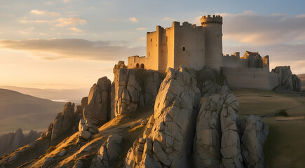 a magnificent ancient castle on the rock hill - obrazy, fototapety, plakaty