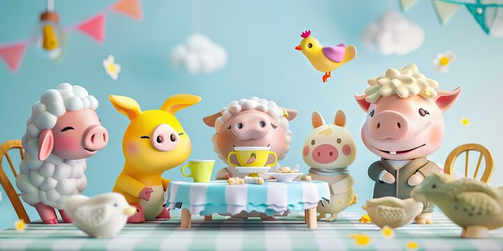 A group of cartoon animals are sitting at a table with cups and bowls