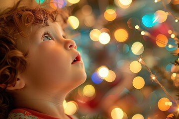 A young child is looking up at a Christmas tree with many lights