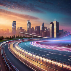 3D Illuminated race track stadium at dusk with city skyline in background