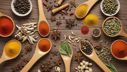 Spices in a wooden board colorful background - obrazy, fototapety, plakaty
