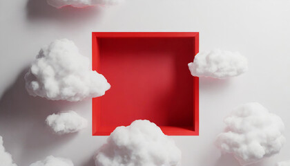 3d render, abstract fantasy background. Flying realistic clouds. Red square hole on the white wall. Minimalist geometric wallpaper