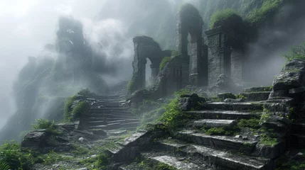 Photo sur Plexiglas Vieil immeuble An ancient ruin on a misty mountain, with forgotten temples and overgrown paths. A mysterious fog envelops the scene, creating a sense of mystery and age. Resplendent.