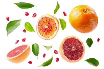 Oranges with half slices falling or floating in the air with green leaves isolated on background, Fresh organic fruit with high vitamins and minerals.