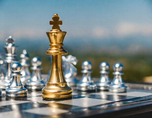 chess battle, victory, success, team leader, teamwork, business strategy, chess gold and silver king surrounded with SILVER and GOLD chess pieces on game competition