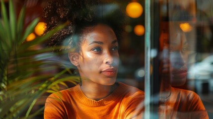 African-American woman sitting in front of the glass of a coffee shop in a cozy atmosphere. Her expression conveys calm. Reflective