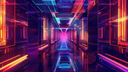 Fototapeta premium abstract futuristic geometric background, neon glowing lines inside a long tunnel, speed of light