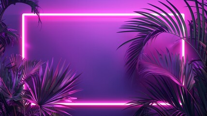 Rectangle neon frame on tropical palm leaves, poster style.