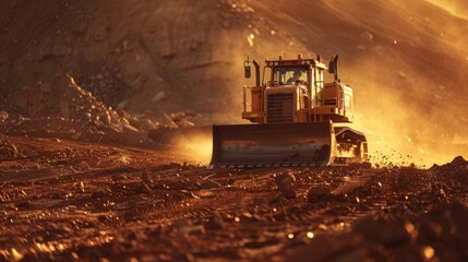 Create an image of a bulldozer pushing earth to level a construction site in preparation for building - obrazy, fototapety, plakaty