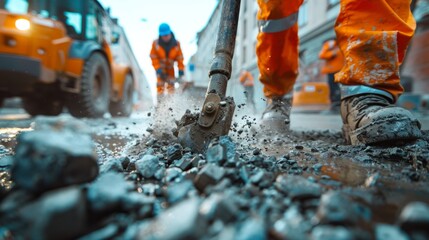 Illustrate workers using jackhammers to break through concrete during the demolition phase of a construction project