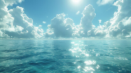 Sea waves and blue sky with clouds. 3d render illustration.