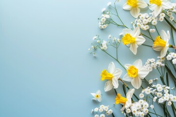 White daffodils and gypsophila flowers on blue background