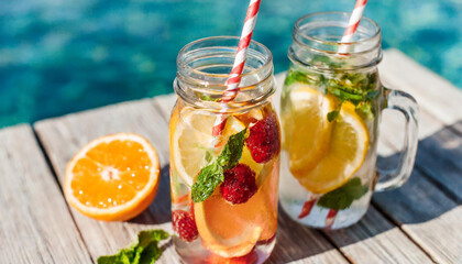 Detox fruit infused flavored water; refreshing summer drink; holiday party