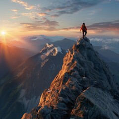 A lone climber stands triumphant on a snowy mountain peak, gazing at a breathtaking winter sunrise over a vast landscape of alps