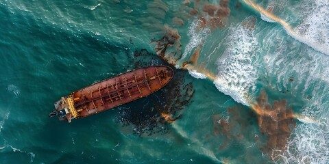 Tanker ship stranded on coastline posing environmental and economic challenges requiring Coast Guard response and salvage operation. Concept Maritime Accidents, Environmental Impact