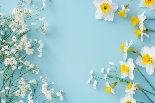 White daffodils and gypsophila flowers on blue background