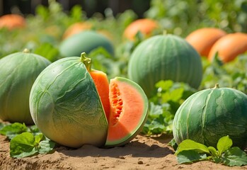 Melon patch under the summer sun, with ripe cantaloupes and honeydews scattered about, their green and orange hues vibrant against the earth, generative AI