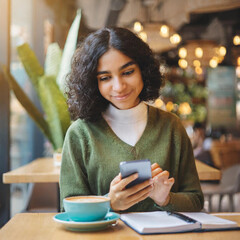 Happy female student sitting in a coffee shop, using a smartphone or business, online shopping, transfer money, financial, internet banking. in coffee shop cafe over blurred background