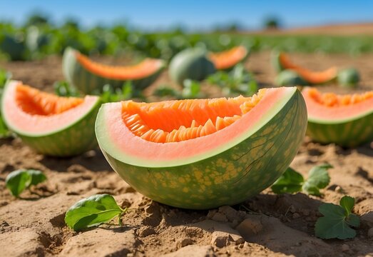 Melon patch under the summer sun, with ripe cantaloupes and honeydews scattered about, their green and orange hues vibrant against the earth, generative AI