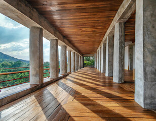 Interior design of wooden flooring and concrete pillars in a building