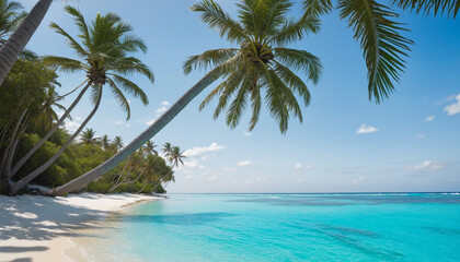 Tropical beach with white sand, palm trees and crystal clear turquoise waters colorful background