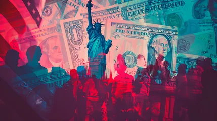 Fotobehang American Economic Struggle: Double exposure blends a crowd of people with the US flag and banknotes, depicting the complexities of the ongoing money crisis in the United States. © Phakawan
