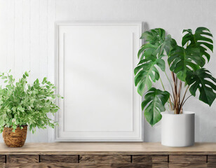 Living room wall poster mockups white frame and green plant