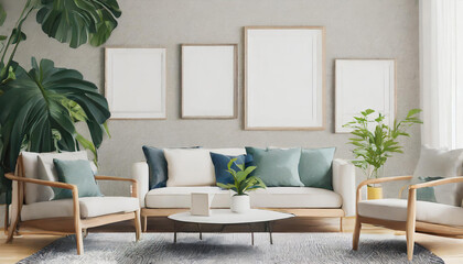Living room wall poster mockups with horizontal white frames set