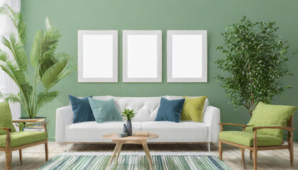 Living room wall poster mockups with horizontal white frames set
