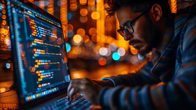 Programmer coding on a laptop in the dark , Man with glasses and a beard behind his laptop in the evening, Hacker behind a laptop, Male front end developer coding working at laptop, AI generated