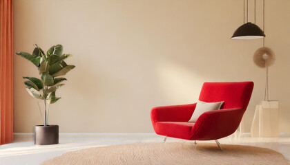 Modern interior of living room with red armchair on empty beige color and hidden lighting wall background. 3d render