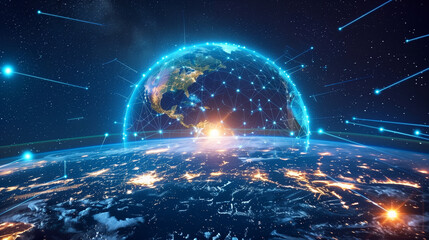 Global Network Concept with Digital Connections Over Earth from Space