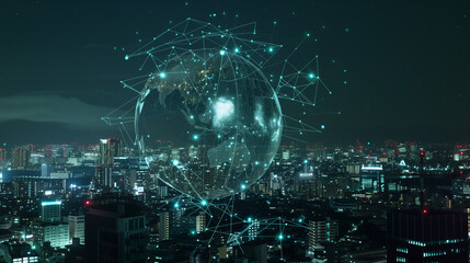 Futuristic Digital Globe Overlaying Urban Cityscape at Night