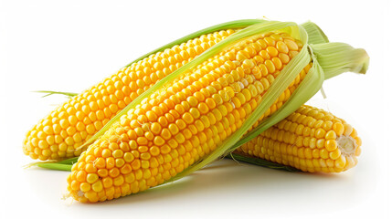 Single ear of corn isolated on white background, Corn cobs with corn plantation field background. The peeled ear of corn, a piece of and seeds on a white, isolated. The view from the top. Falling corn