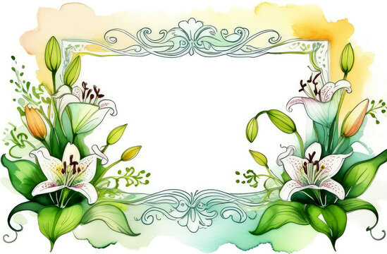 Watercolor frame,border for postcards,invitations, made of white lilies on white background. Free space for text