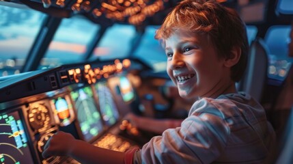 Little child pilot in airplane cockpit. flight simulator, entertainment for kids