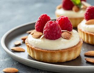 round mini cheesecakes with raspberries and almond flakes without sugar - obrazy, fototapety, plakaty