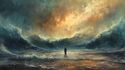 Fotobehang Lone Figure Standing Before Vast Ocean With Dramatic Sky © Napat