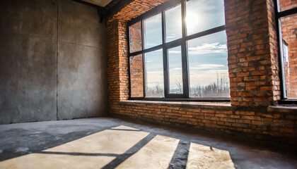 Spacious floor to ceiling window on concrete wall with wooden sill. Stylish loft industrial interior with brick and dark background. Ideal for adding text