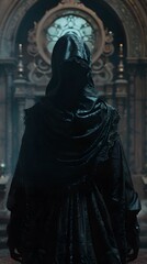 Mysterious Figure in Dark Cloak Inside Cathedral
