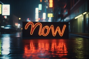 Slogan now neon light sign text effect on a rainy night street, horizontal composition - obrazy, fototapety, plakaty