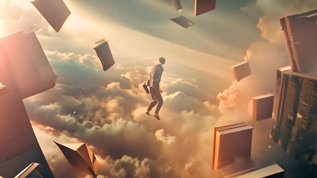 Man Leaping Between Flying Books and Buildings with Ai generated.
