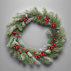 Fototapeta na wymiar snowy evergreen wreath with red berries isolated on a transparent background colorful background