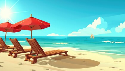 A beach scene with two red umbrellas and three beach chairs by AI generated image
